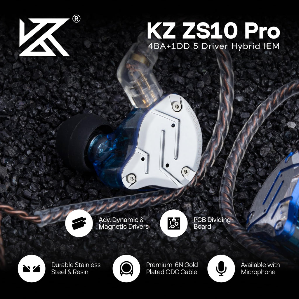 Linsoul KZ ZS10 Pro, 4BA+1DD 5 Driver in Ear Monitor, HiFi Wired Earbuds, Gaming Earbuds, Hybrid IEM Earphones with Stainless Steel Faceplate, Detachable Cable for Musician(with Mic, Dark Black)