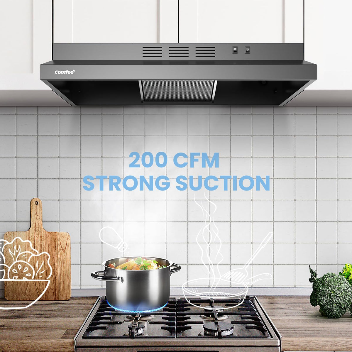 COMFEE' Range Hood 30 Inch Under Cabinet 200 CFM Ducted/Ductless