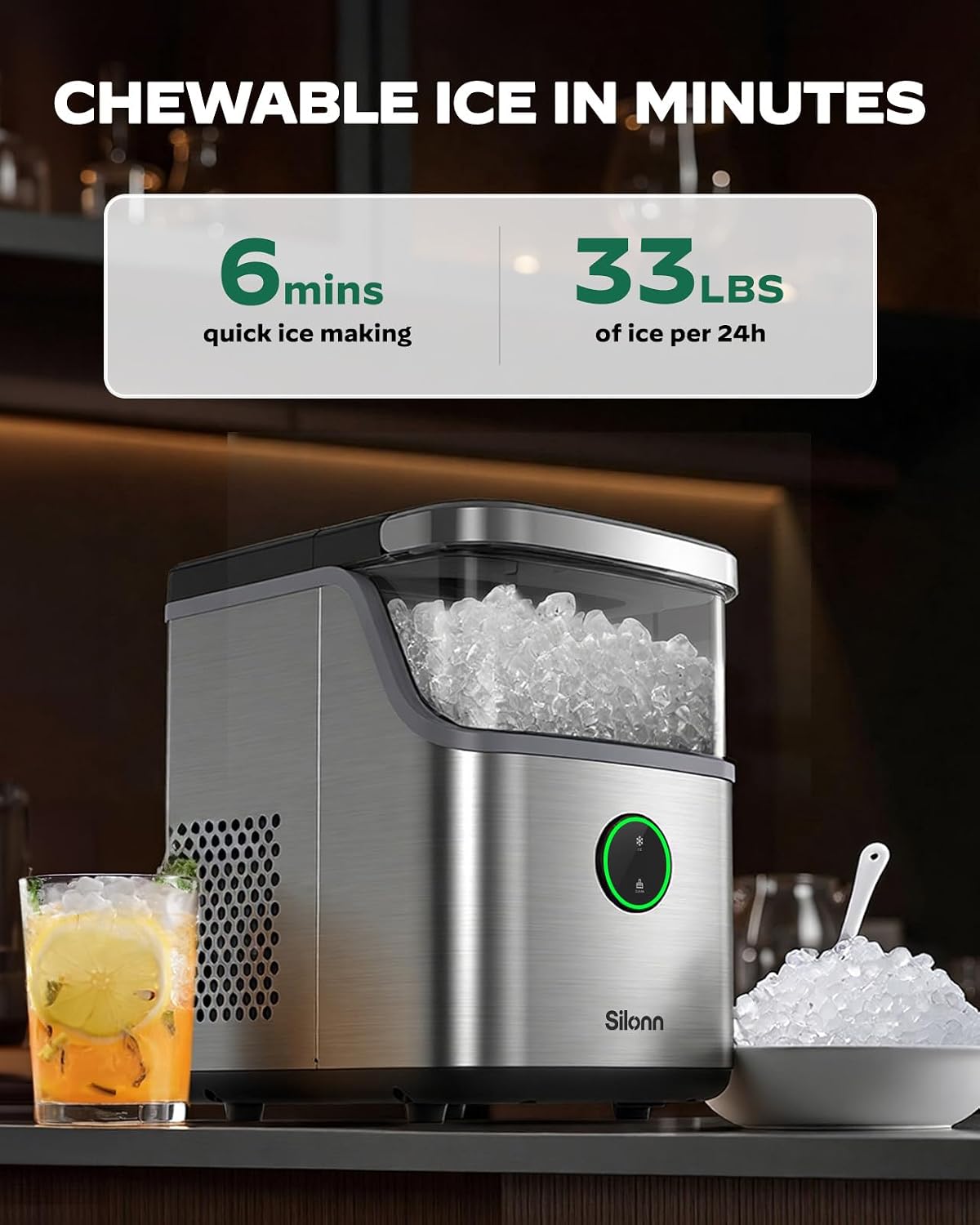 Silonn Ice Maker Countertop, 9 Cubes Ready in 6 Mins, 26lbs in 24Hrs, Self-Cleaning Ice Machine with Ice Scoop and Basket, 2 Sizes of Bullet Ice for Home Kitchen Office Bar Party