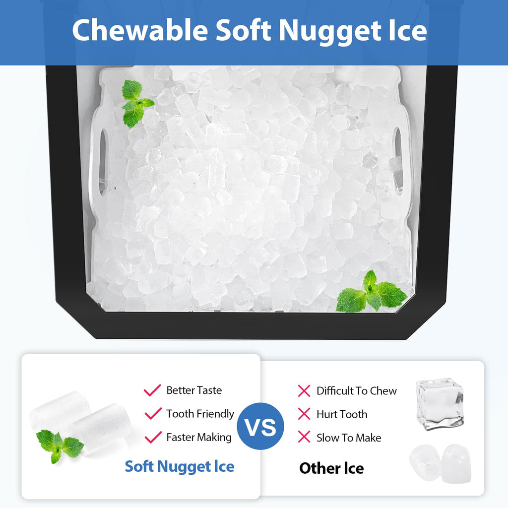 Aeitto Nugget Ice Maker Countertop, 55lbs/Day, Rapid Ice Release in 5 Mins, Large Capacity Chewable Ice Maker, Self-Cleaning with Stainless Steel Housing Ice Machine for Home Office and Party, Black