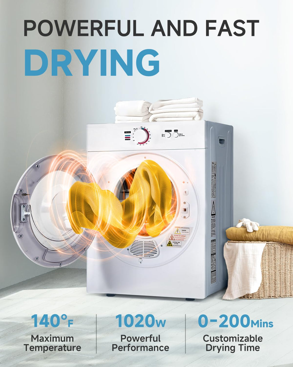 Feelfunn 850W Portable Clothes Dryer with 4 Automatic Drying Modes