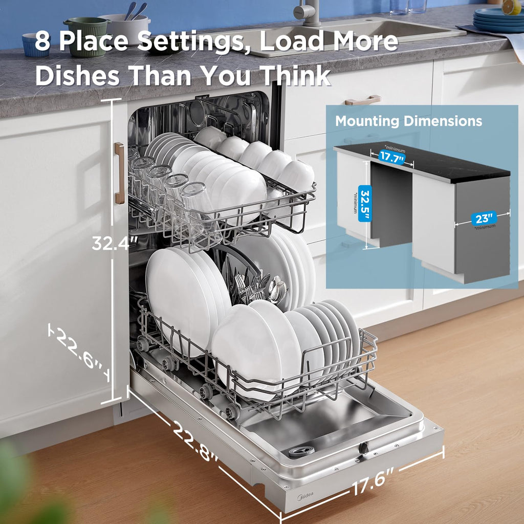 Midea 18 Inch Built-in Dishwasher, 8 Place Settings, Stainless Steel Tub