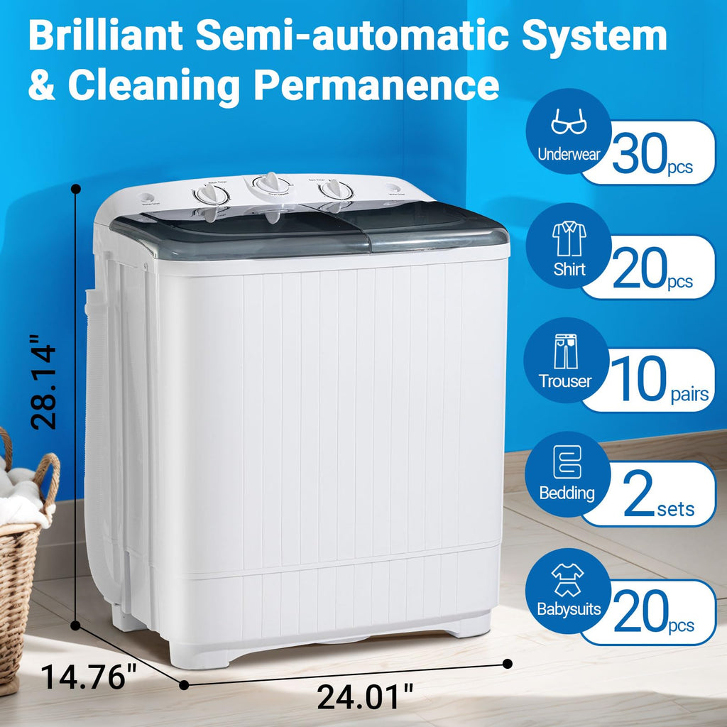 Erivess Portable Twin Tub 19lbs Washing Machine with Drying Rack and 10 Hangers, 12lbs Washer Mini Compact Laundry Machine with 7lbs Spinner, 1500rpm Semi-automatic Washer Combo for Dorm&Apartment