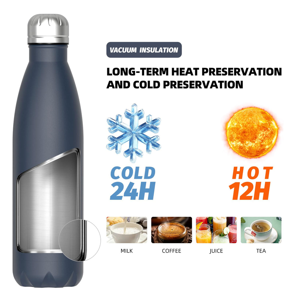 Stainless Steel Insulated Water Bottle, WATERSY Double Walled Metal Vacuum Flask Keep 24 Hrs Cold & 12 Hrs Hot Thermal Metal Sports Bottles 500ml BPA Free for Outdoor, Work, Gym, School (Black)
