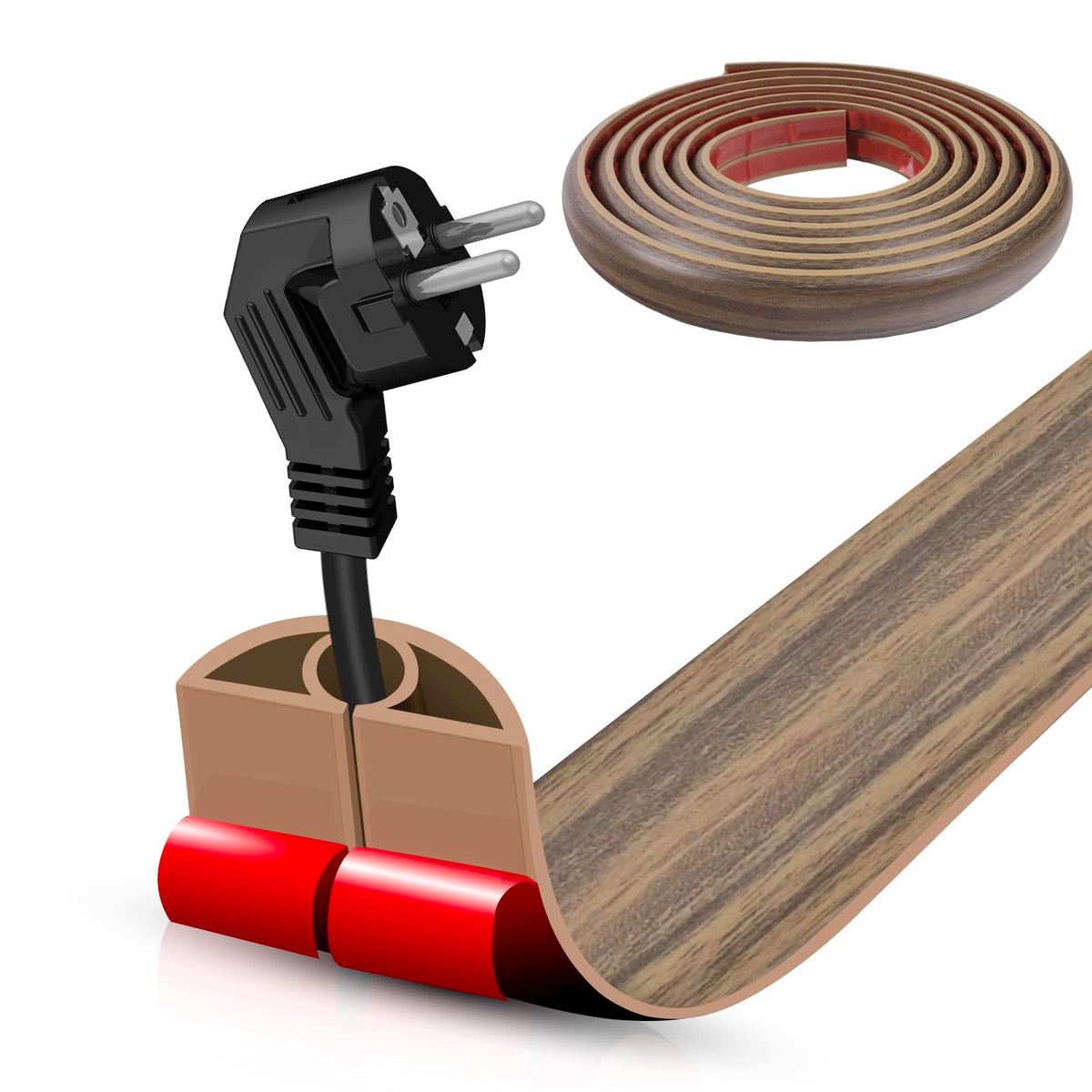 Floor Cord Cover Self Adhesive Cord Hider,3.3FT Cable Management, Extension Strip Protector for Wires, Prevent Cable Trips for Offices, Gyms, Exhibitions Cavity:0.3"(W) x 0.28"(H) Brown Wood