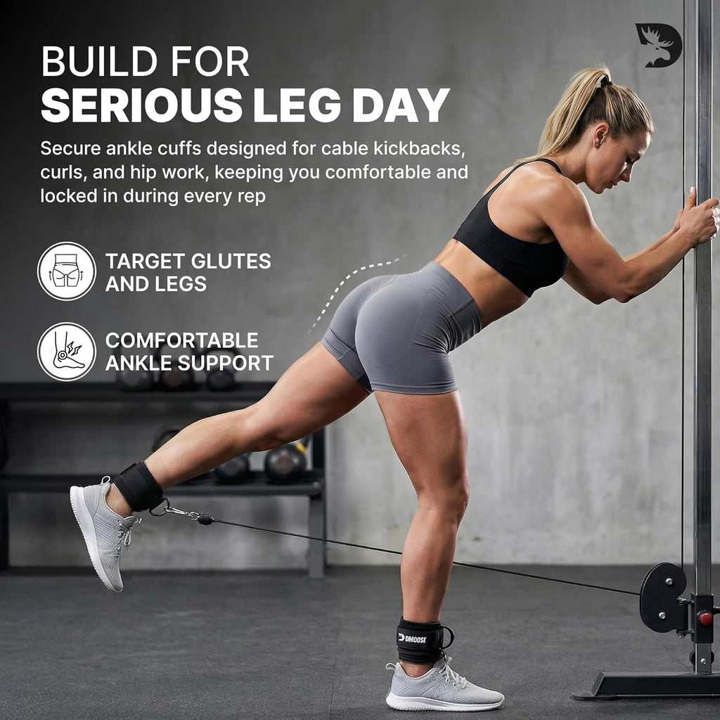 DMoose Fitness Ankle Strap for Cable Machine - One Size Fit with Premium Padding Cuffs - Cable Kickback Ankle Straps - Gym Attachments & Lower Body Exercises