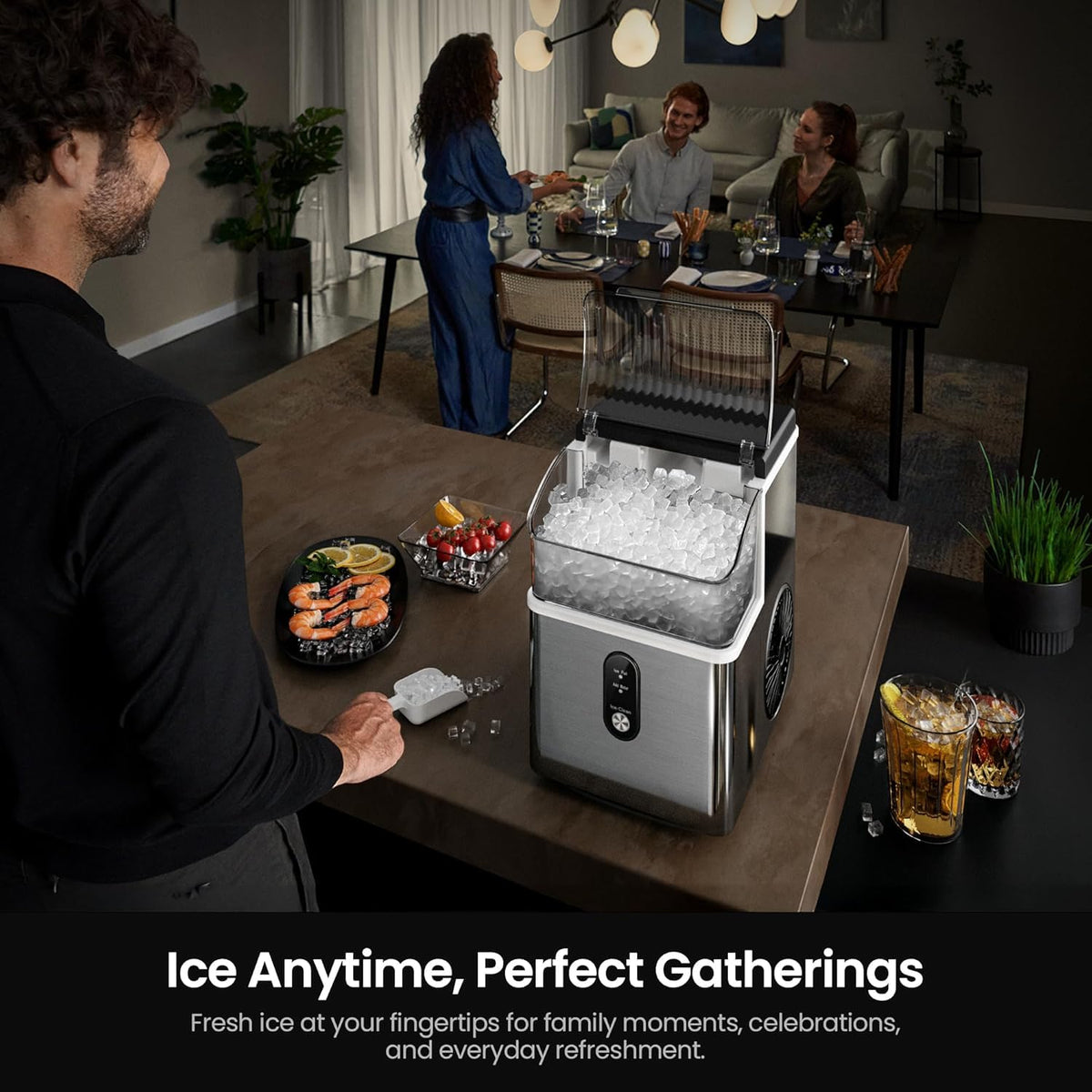 Kismile Nugget Ice Maker Countertop, 35 lbs/Day,Stainless Steel(Black)