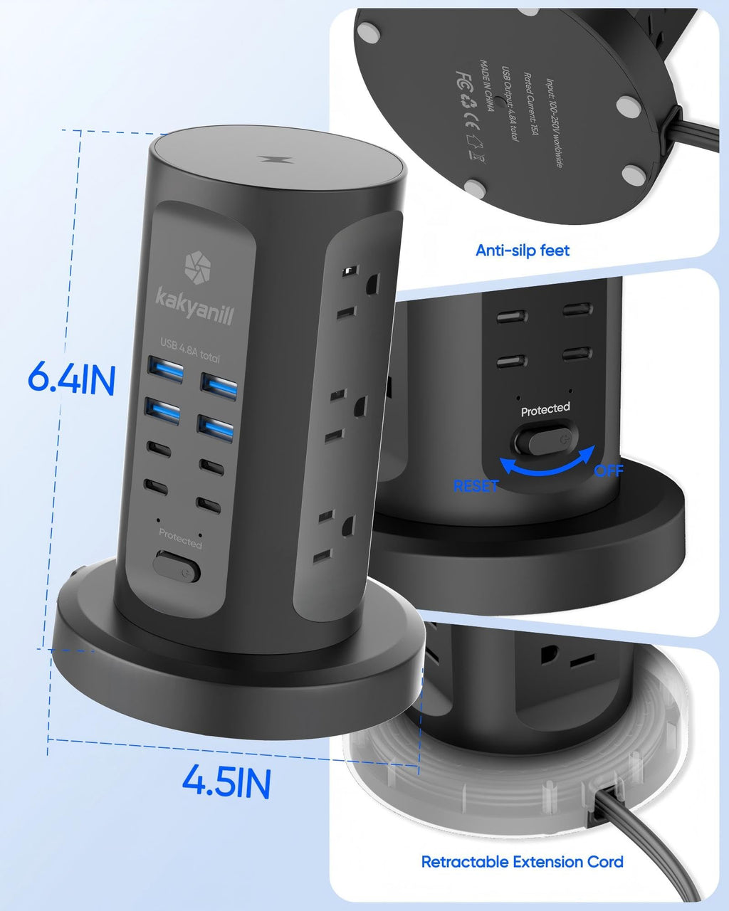 Power Strip Tower, kakyanill PD 65W Charging Station 9 AC Outlets 8 USB