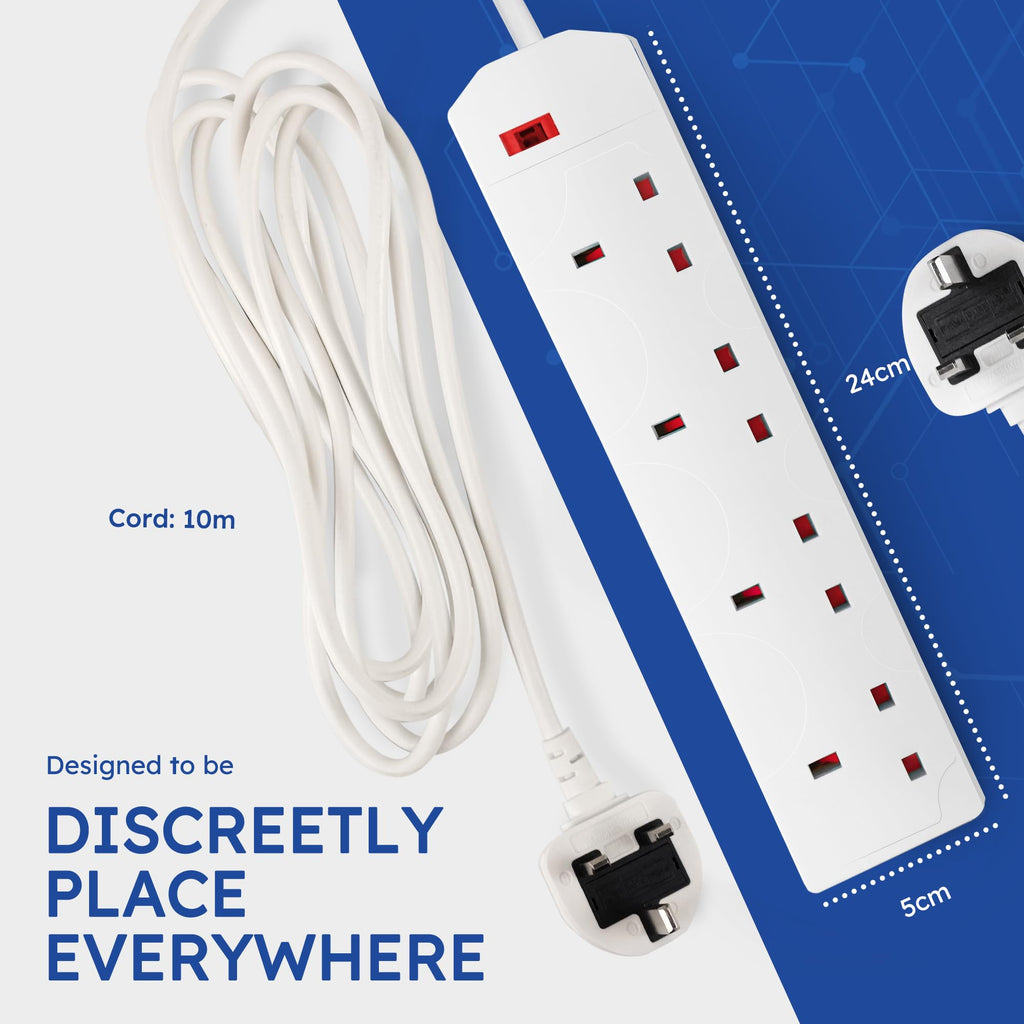 DESIRETECH White Electric Extension Lead - 6 Gang, 1 Metre Cable with UK Plug & 3 Pin Socket - Wall Mountable & Multi Socket Mains Strip for Home, Bedroom, Kitchen, & Office (1 Pack)