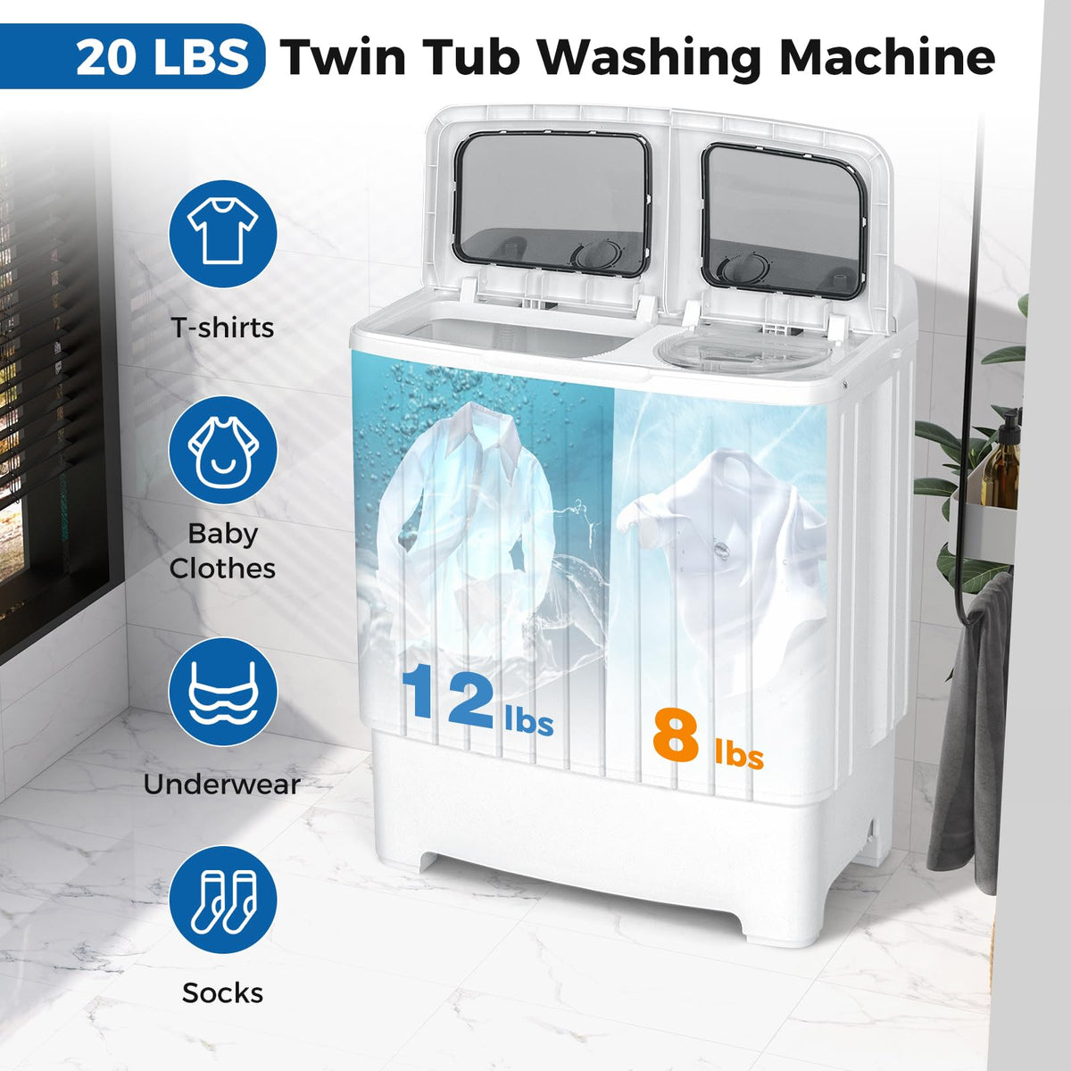 COSTWAY Portable Washing Machine, 12Lbs Washer and 8Lbs Spinner, Blue+White