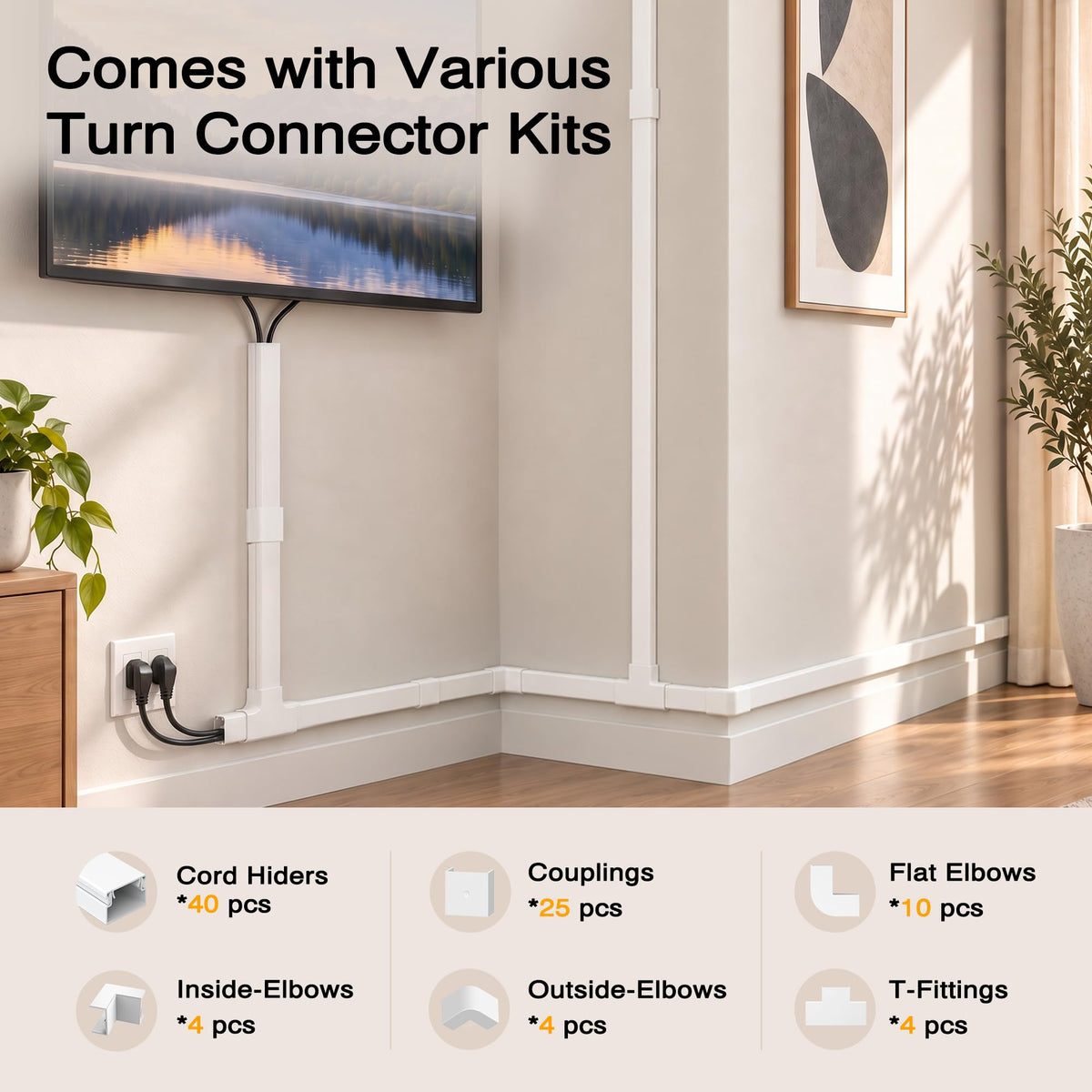 Wire Hider, 157in Delamu Cord Hider Wall, Paintable Wire Covers for Cords, TV Cable Hider Wall Kit, Cable Covers Raceway, Cable Management Hide TV Cords for Wall Mount TV, 10XL15.7 W0.95 H0.55in Brown