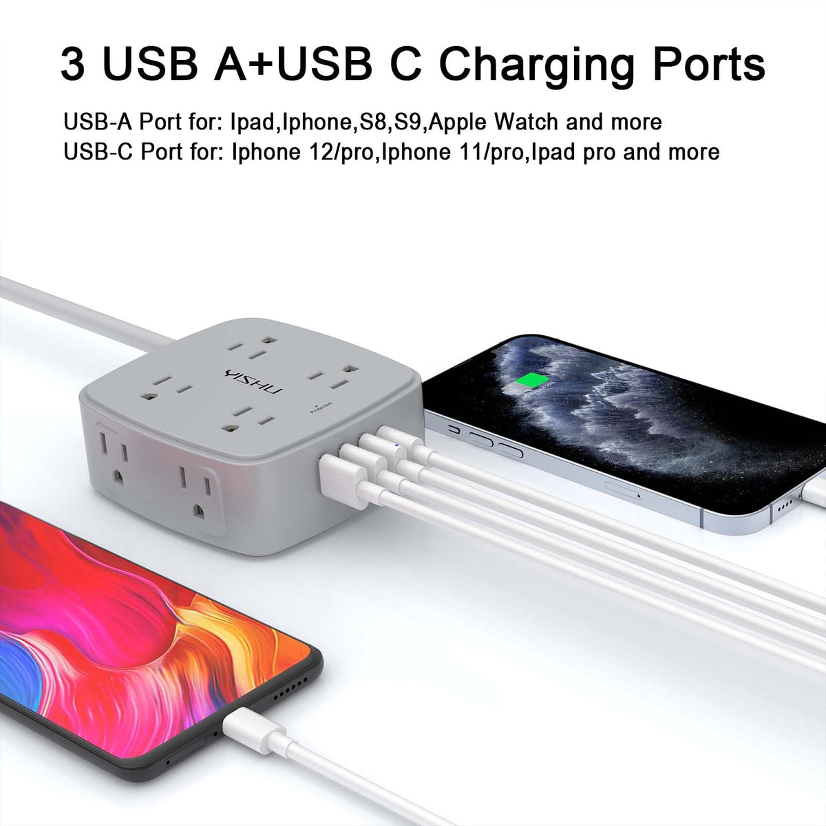 6 Ft Surge Protector Power Strip - YISHU 8 Widely Outlets with 4 USB Ports, 3 Side Outlet Extender with 6 Feet Flat Extension Cord, Ultra Flat Plug, Wall Mount, Desk USB Charging Station, ETL, Black