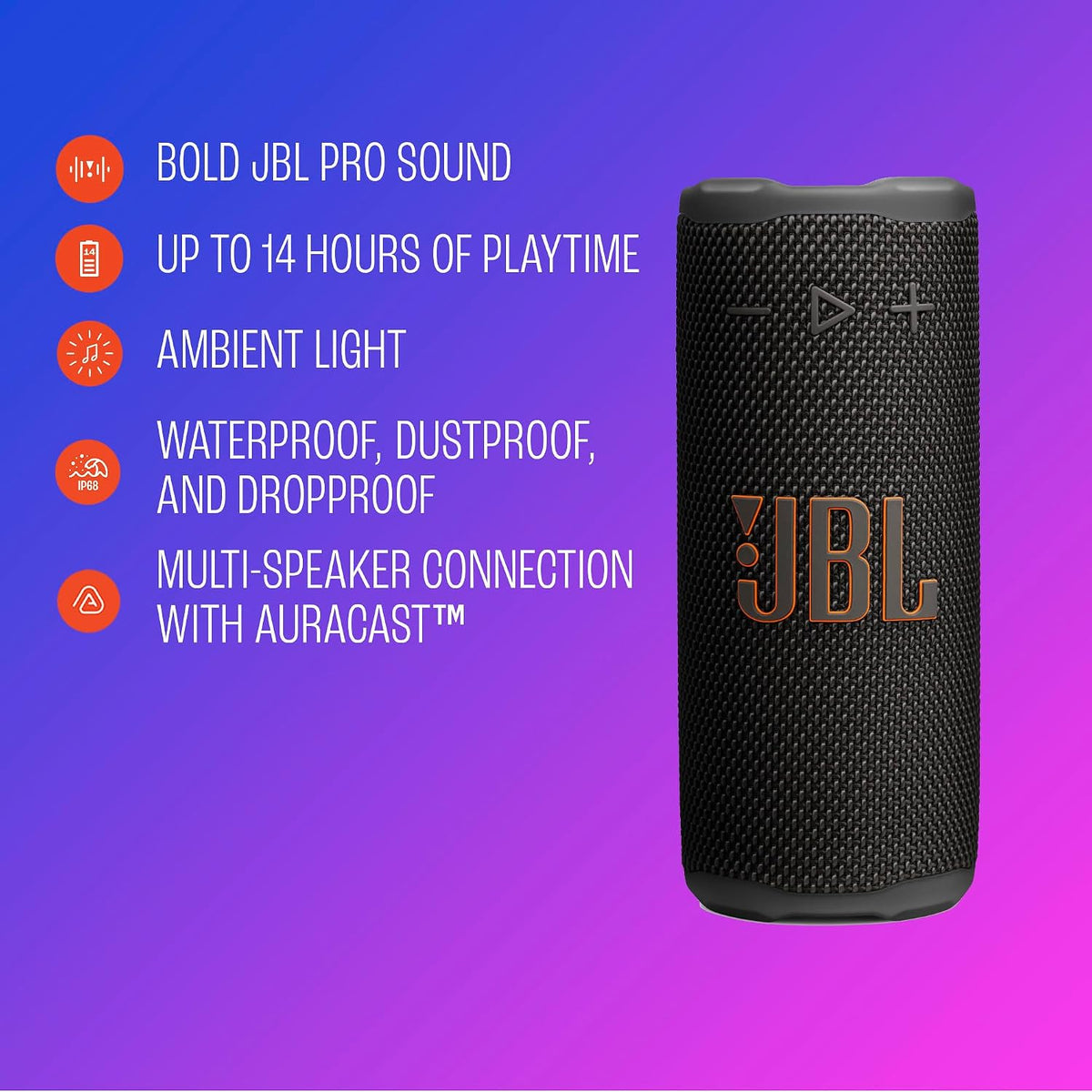 JBL Grip Portable Bluetooth Speaker, Waterproof, Ambient Light - Red
