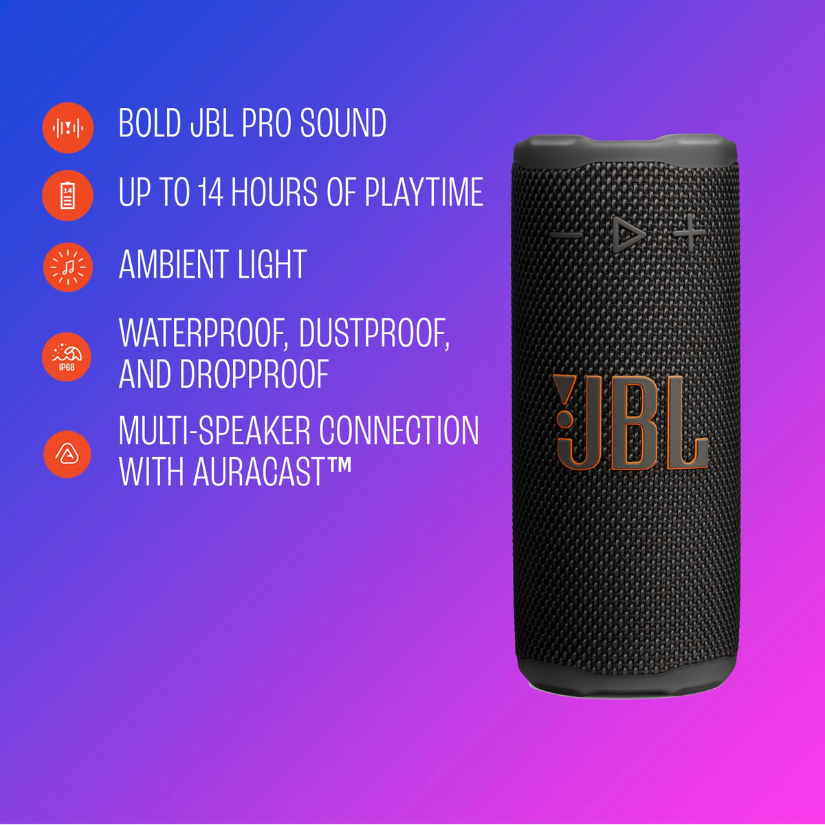 JBL Grip Portable Bluetooth Speaker, Waterproof, Ambient Light - Red