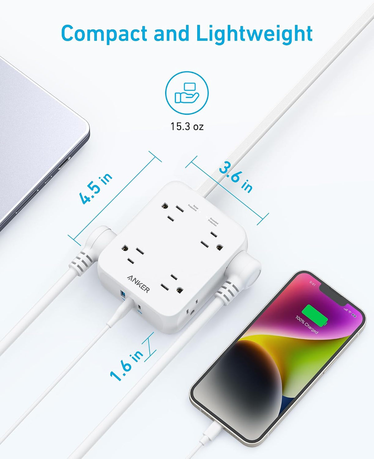 Anker Power Strip with 2000J Surge Protector, 10ft Outlet Extender, 20W 8AC