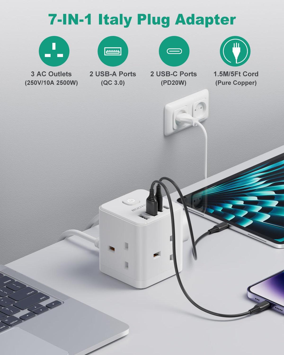 South Africa Plug Adapter, PD20W 3 Way Cube Extension Lead, Type M,1.5M