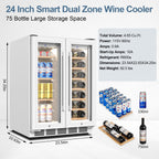 24" Dual Zone Wine and Beverage Refrigerator, Under Counter with Glass Door