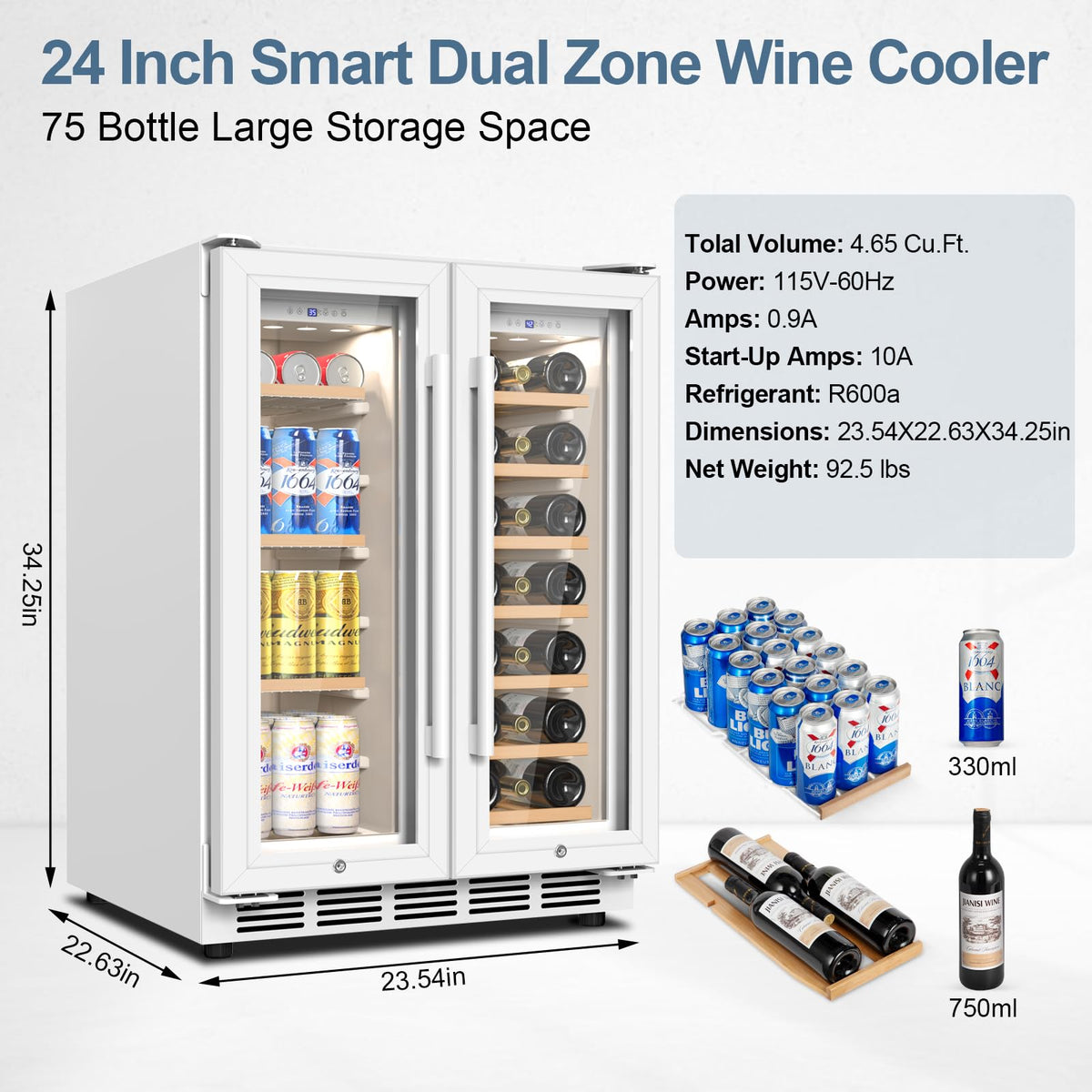 24" Dual Zone Wine and Beverage Refrigerator, Under Counter with Glass Door