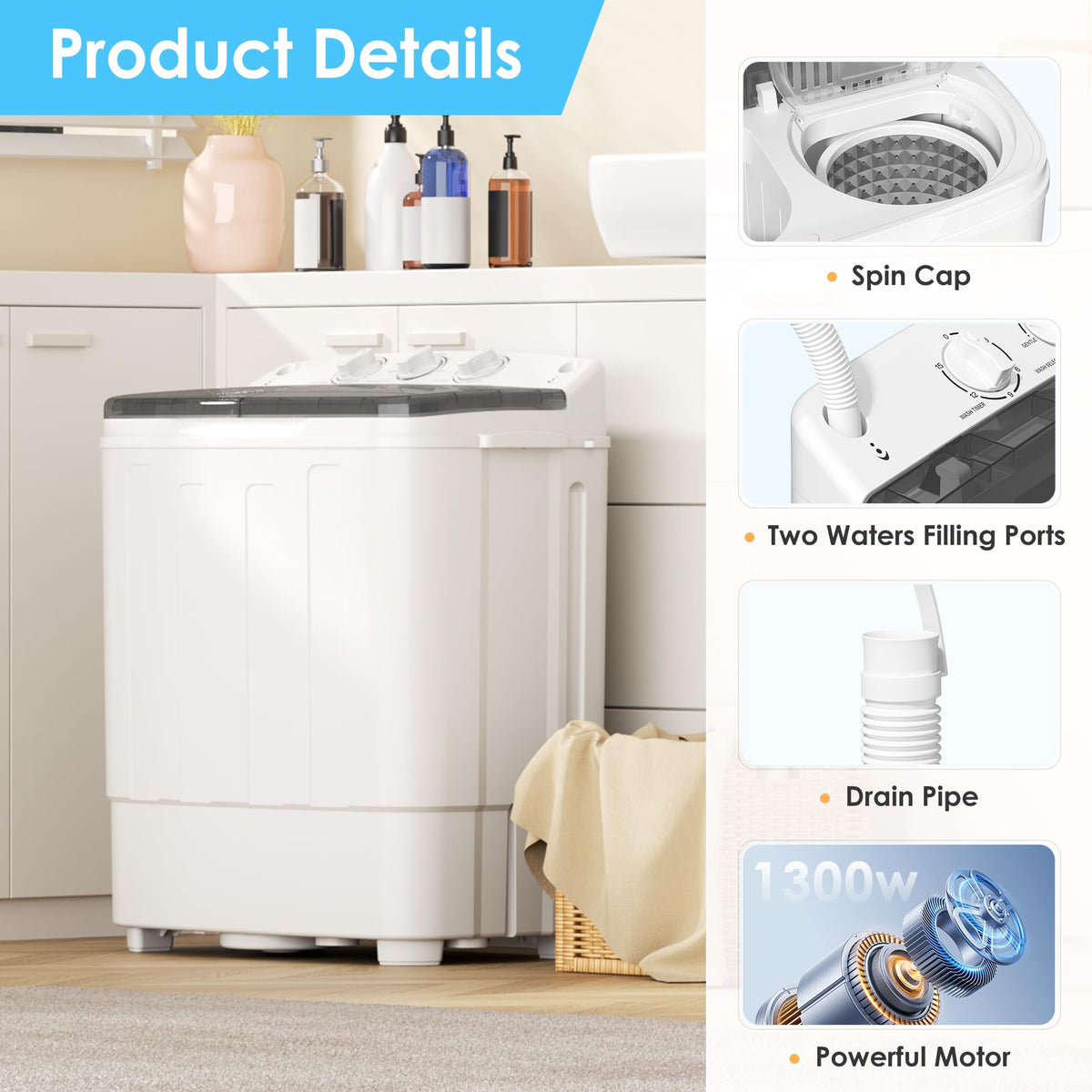 INTERGREAT Portable Washer and Dryer, 25lbs Mini Small Washing Machine Combo with Spin Dryer, Compact Twin Tub Laundry Washer Machine for Apartments, Dorm, Rv, Camping, Blue