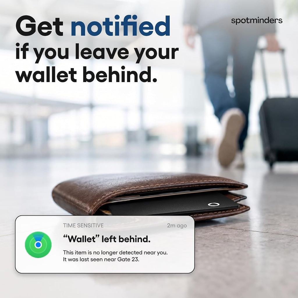 SPOTMINDERS Apple MFi Certified Wallet Tracking Card Black 4-Pack Travel Gifts for Him Works with Apple Find My Rechargeable Tracker IP68 Waterproof 0.07" Slim iPhone Item Finder for Luggage Passport