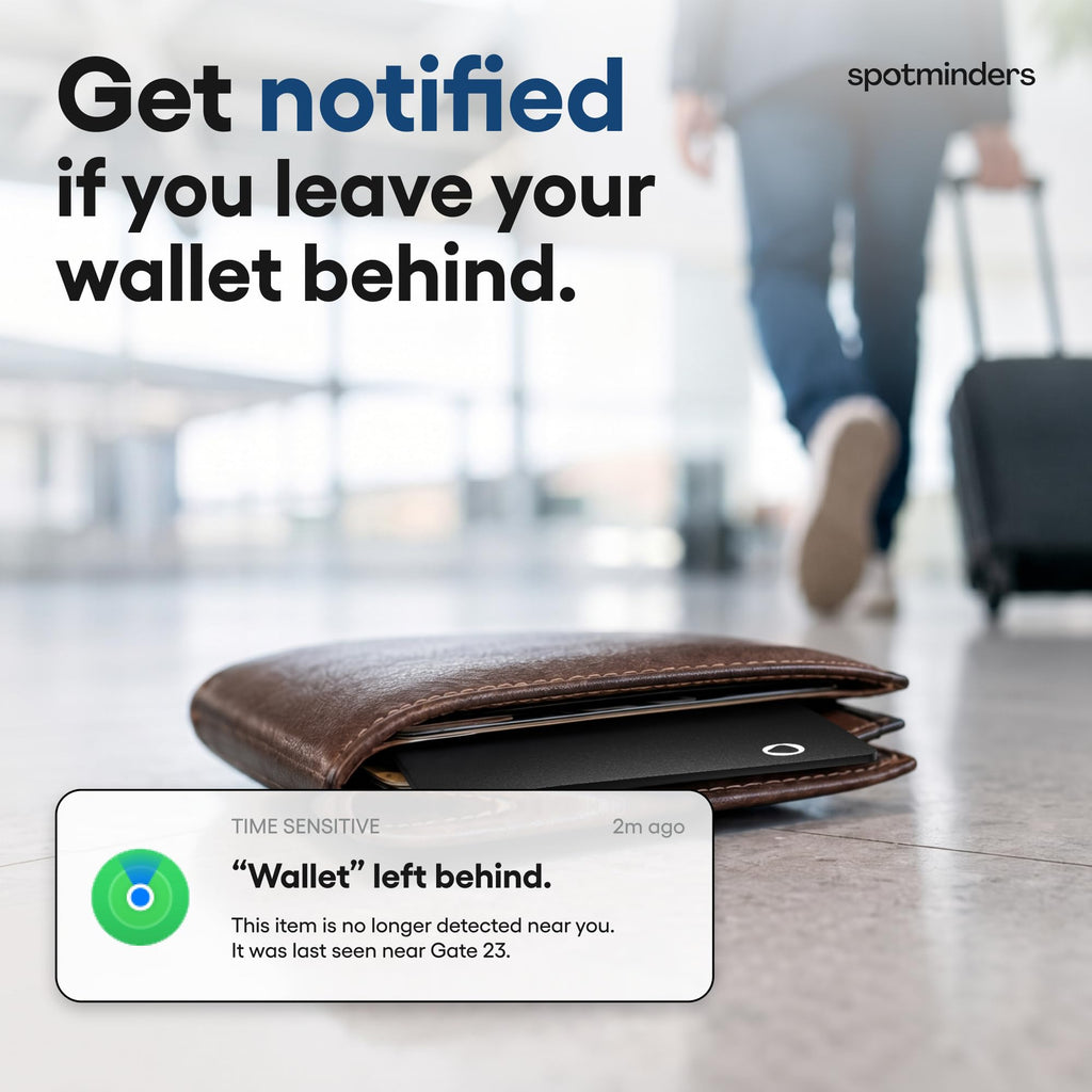 SPOTMINDERS Apple MFi Certified Wallet Tracking Card Black 4-Pack Travel Gifts for Him Works with Apple Find My Rechargeable Tracker IP68 Waterproof 0.07" Slim iPhone Item Finder for Luggage Passport