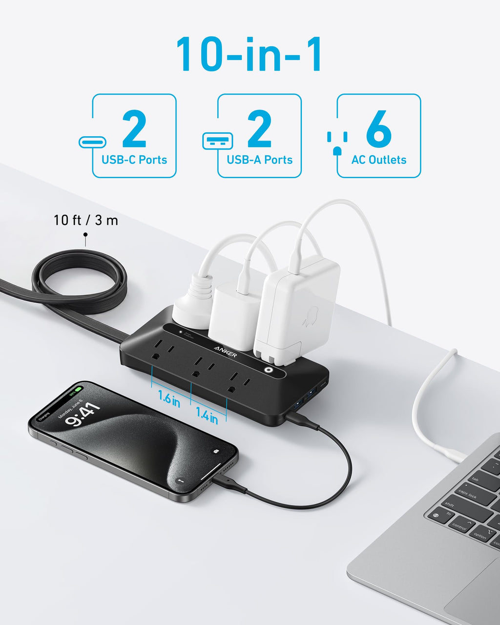 Anker Power Strip with 300J Surge Protector, 5ft Outlet Extender, 20W, 6AC
