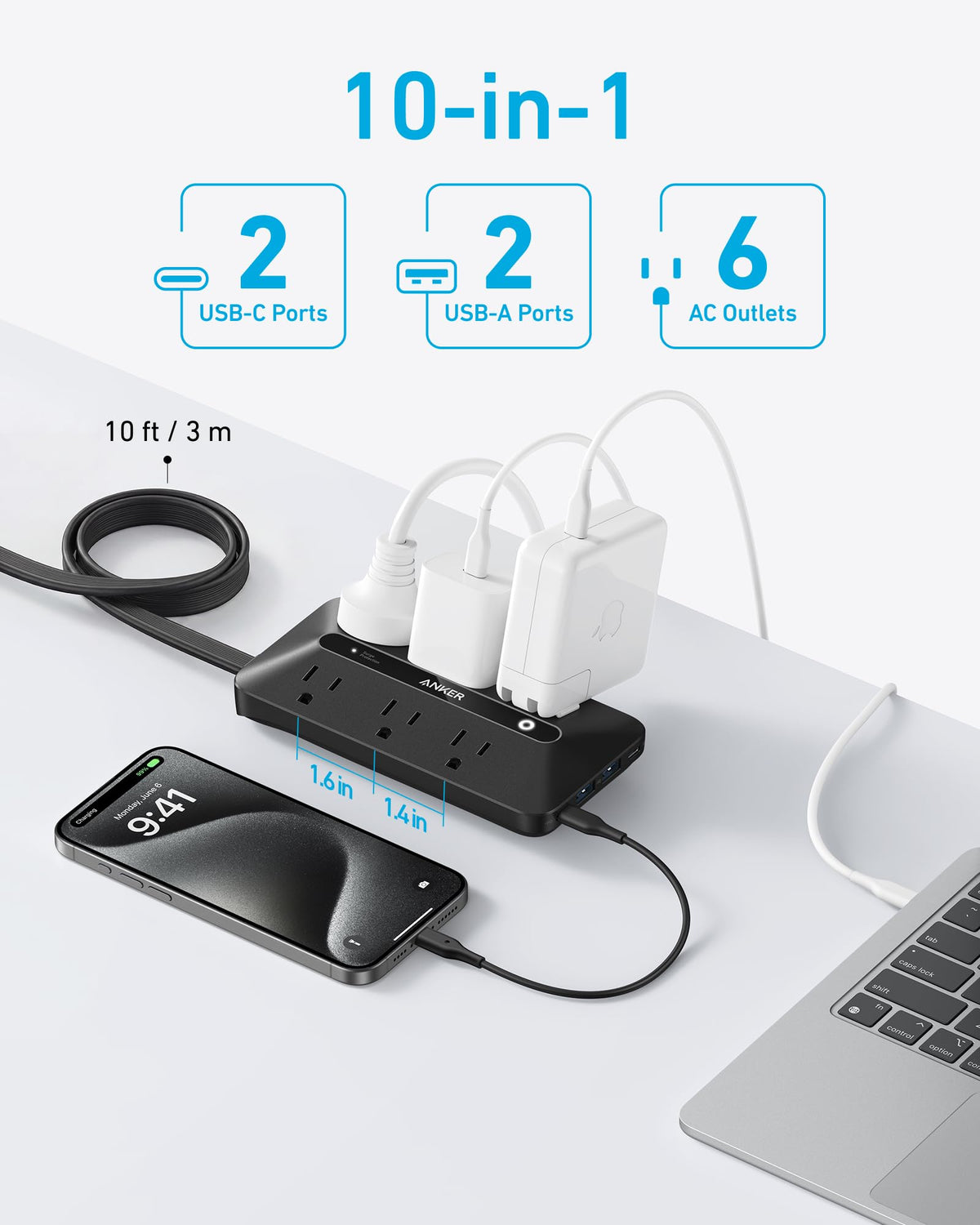 Anker Power Strip with 300J Surge Protector, 5ft Outlet Extender, 20W, 6AC