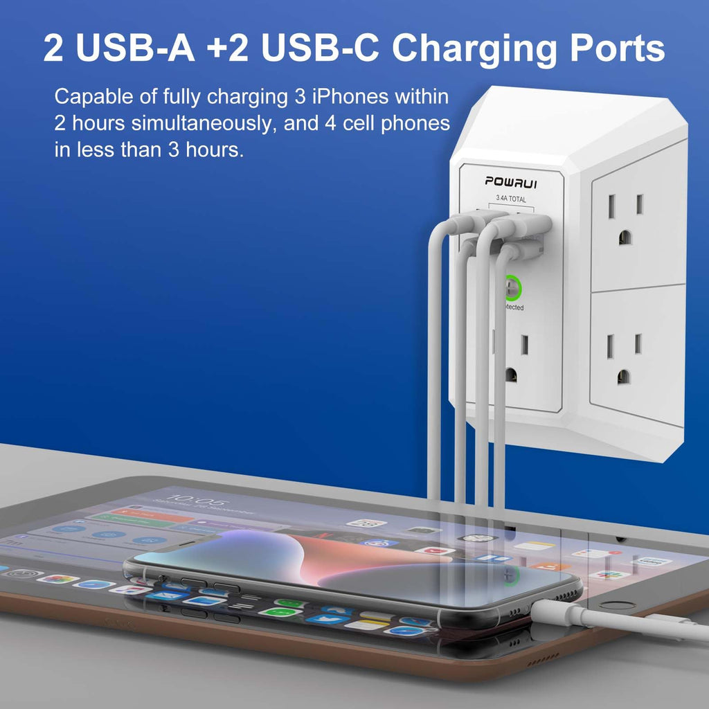 Multi Plug Wall Outlet Night Light, POWRUI 6 Outlet Extender & 3 USB Ports