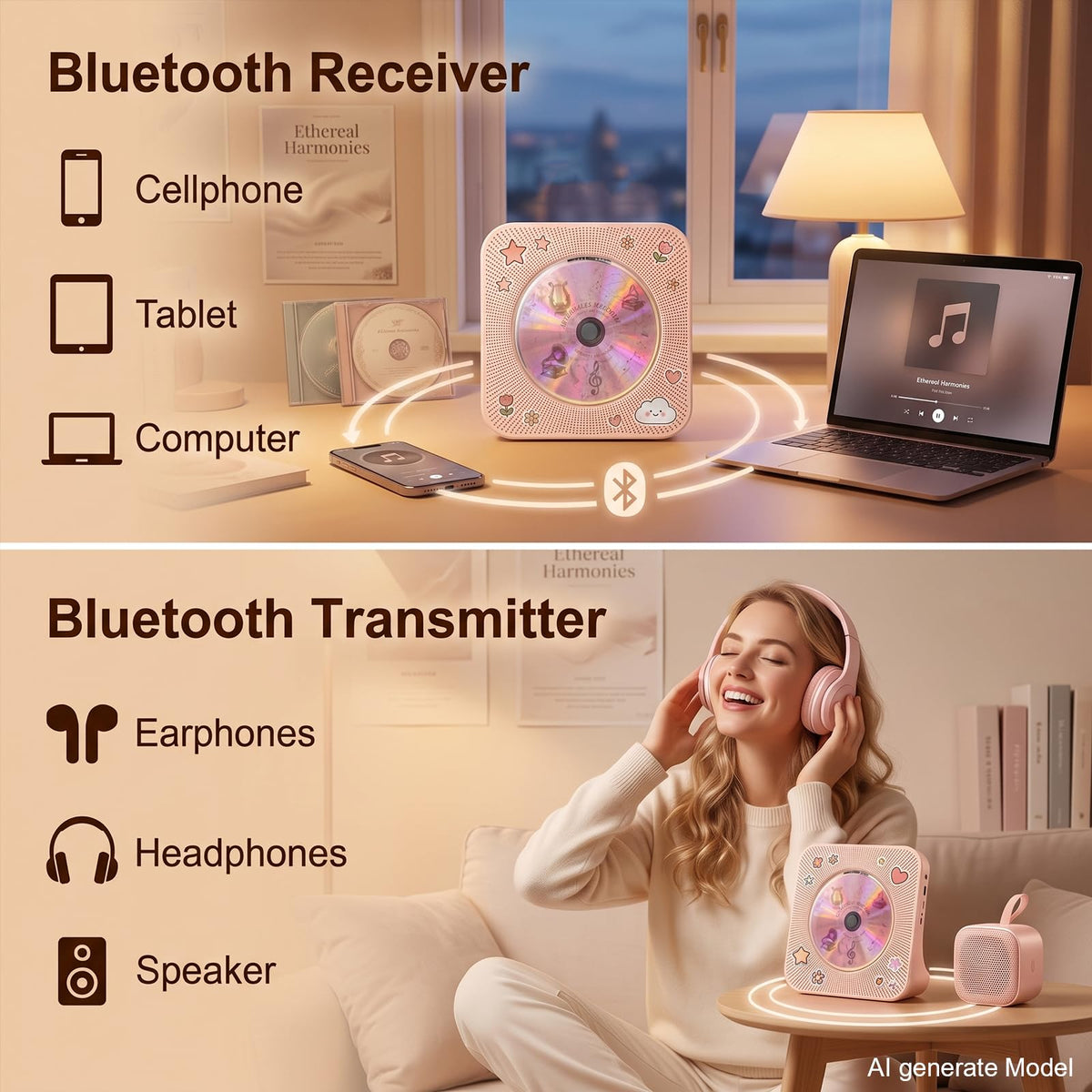 Gueray CD Player Portable Bluetooth Desktop CD Players for Home