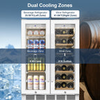 24" Dual Zone Wine and Beverage Refrigerator, Under Counter with Glass Door