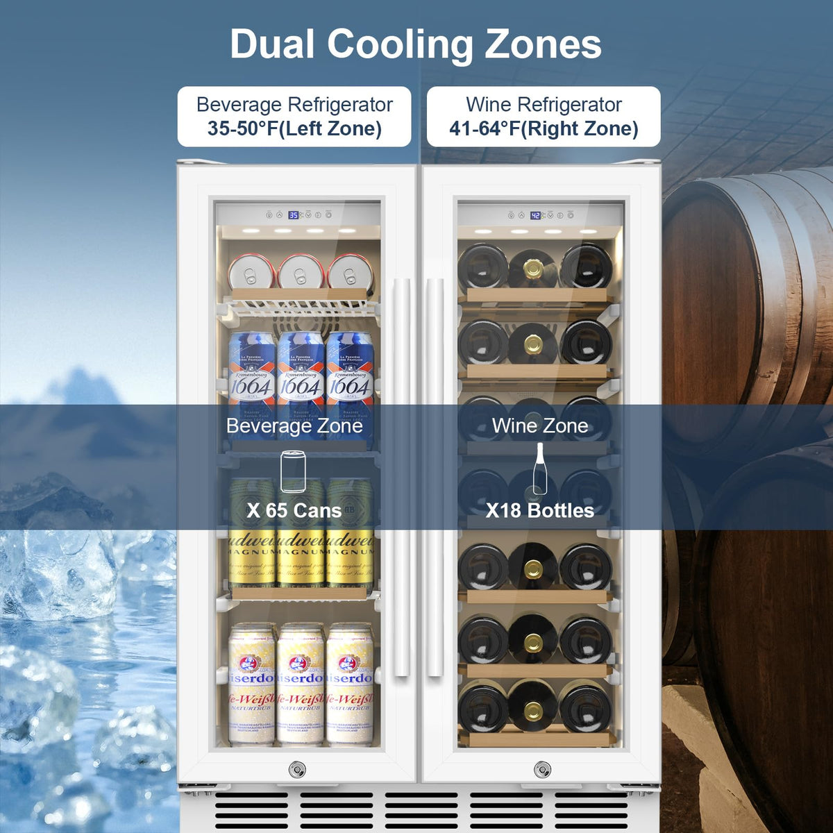 24" Dual Zone Wine and Beverage Refrigerator, Under Counter with Glass Door