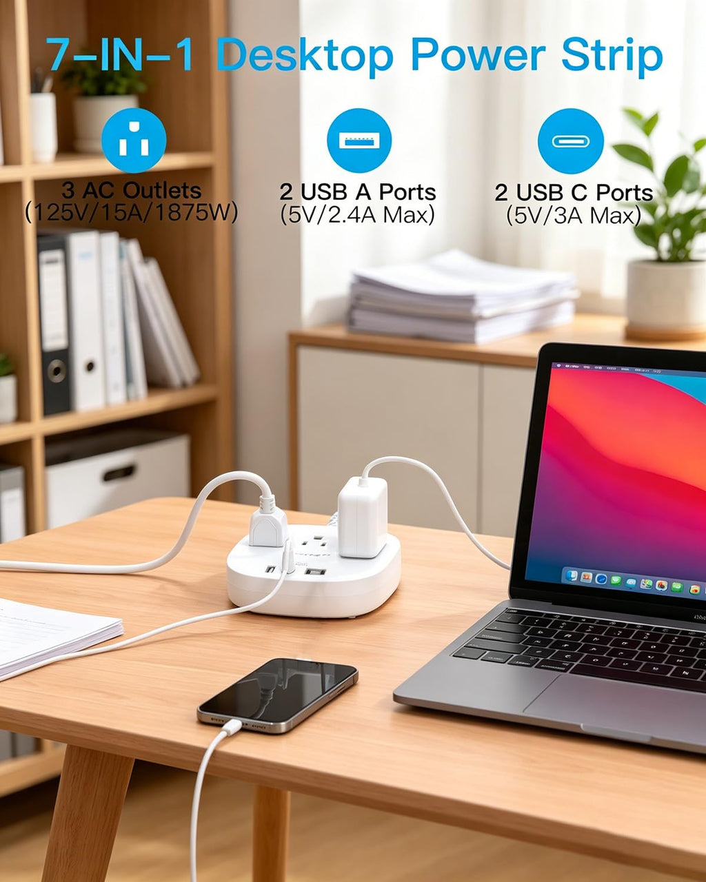 Travel Essentials, 22.5W/4.5A Flat Plug Power Strip, 6 Ft Extension Cord