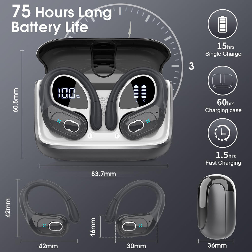 Aptkdoe Wireless Earbuds 75H Bluetooth 5.4 Sport Headphones with Earhooks
