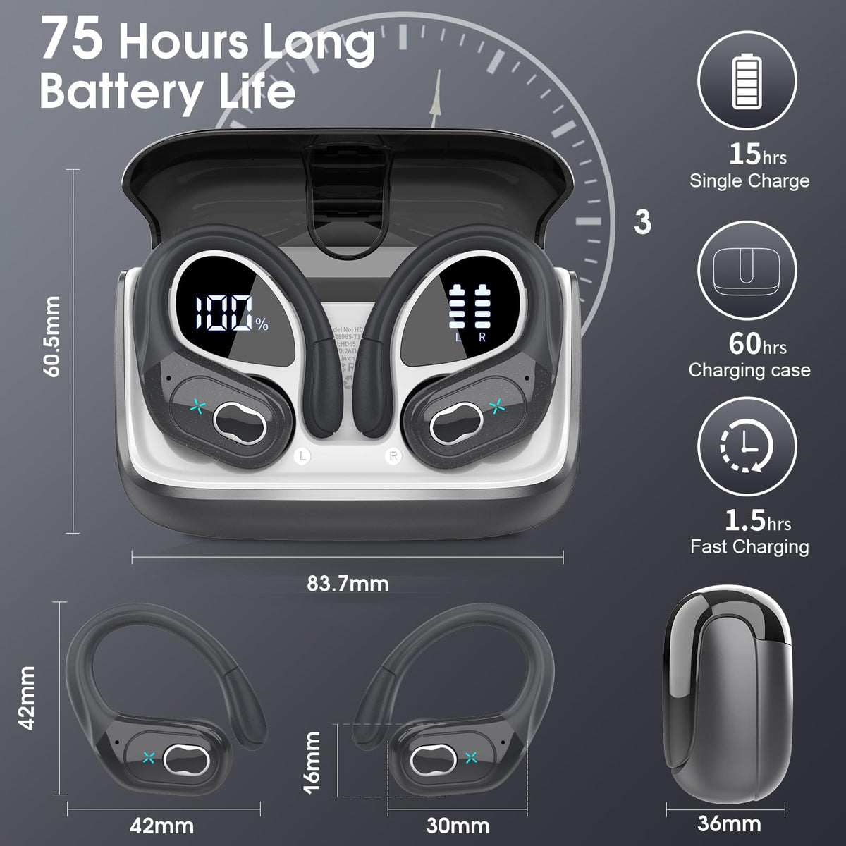 Aptkdoe Wireless Earbuds 75H Bluetooth 5.4 Sport Headphones with Earhooks