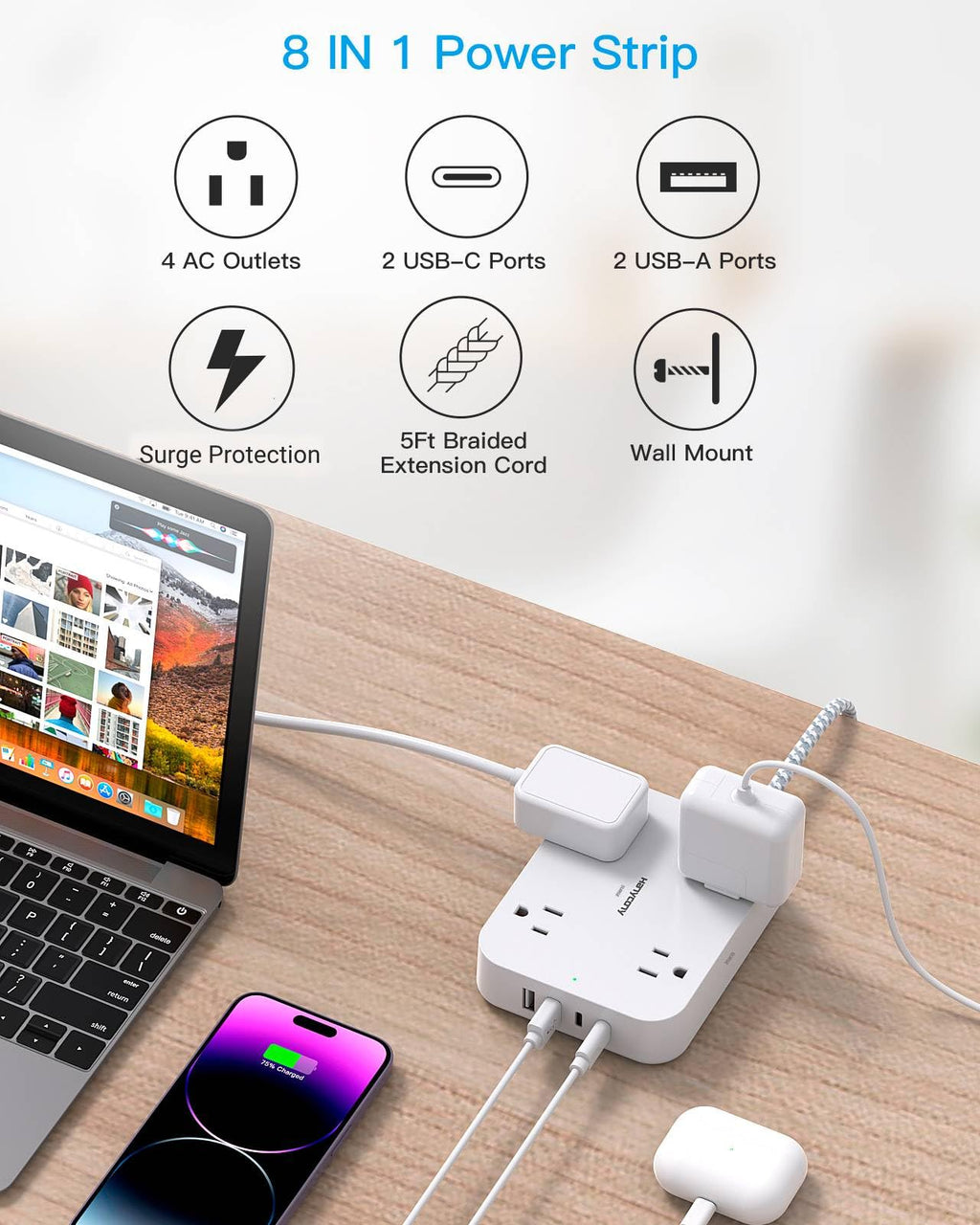 10 Ft Extension Cord, Flat Power Strip with 4 Outlets 4 USB Ports (2 USB C)