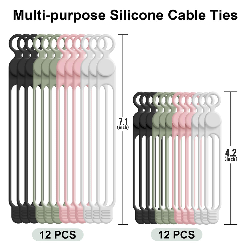 24Pcs Silicone Cable Ties, Cord Organizer Cable Management-Multi