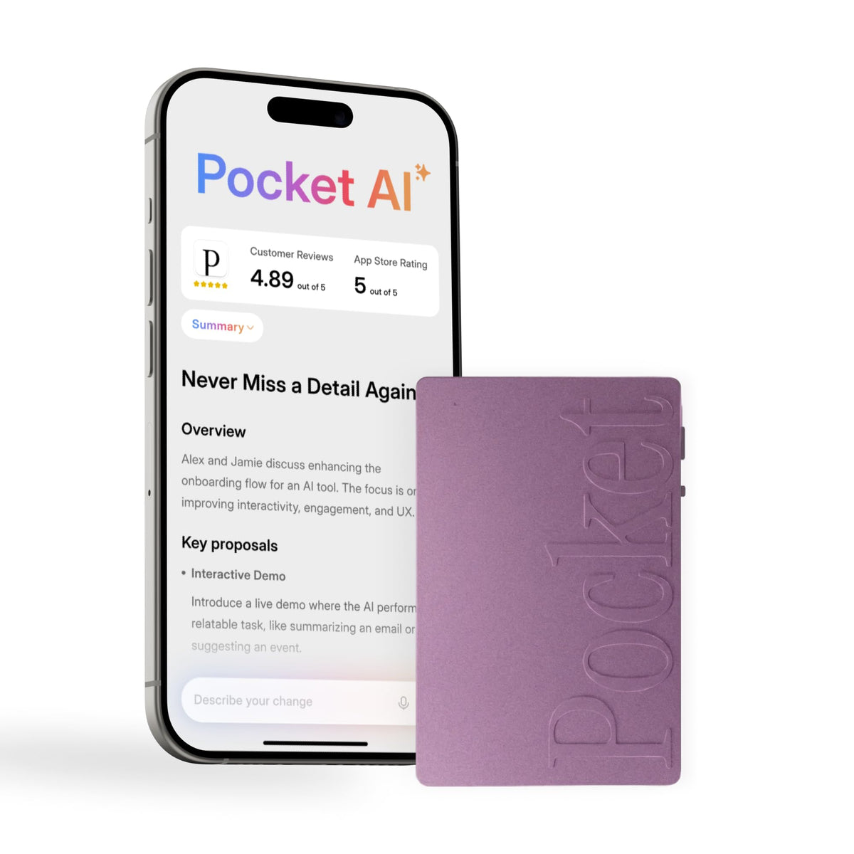 Pocket AI Voice Recorder, Auto Transcription, AI Note Taker, Space Grey