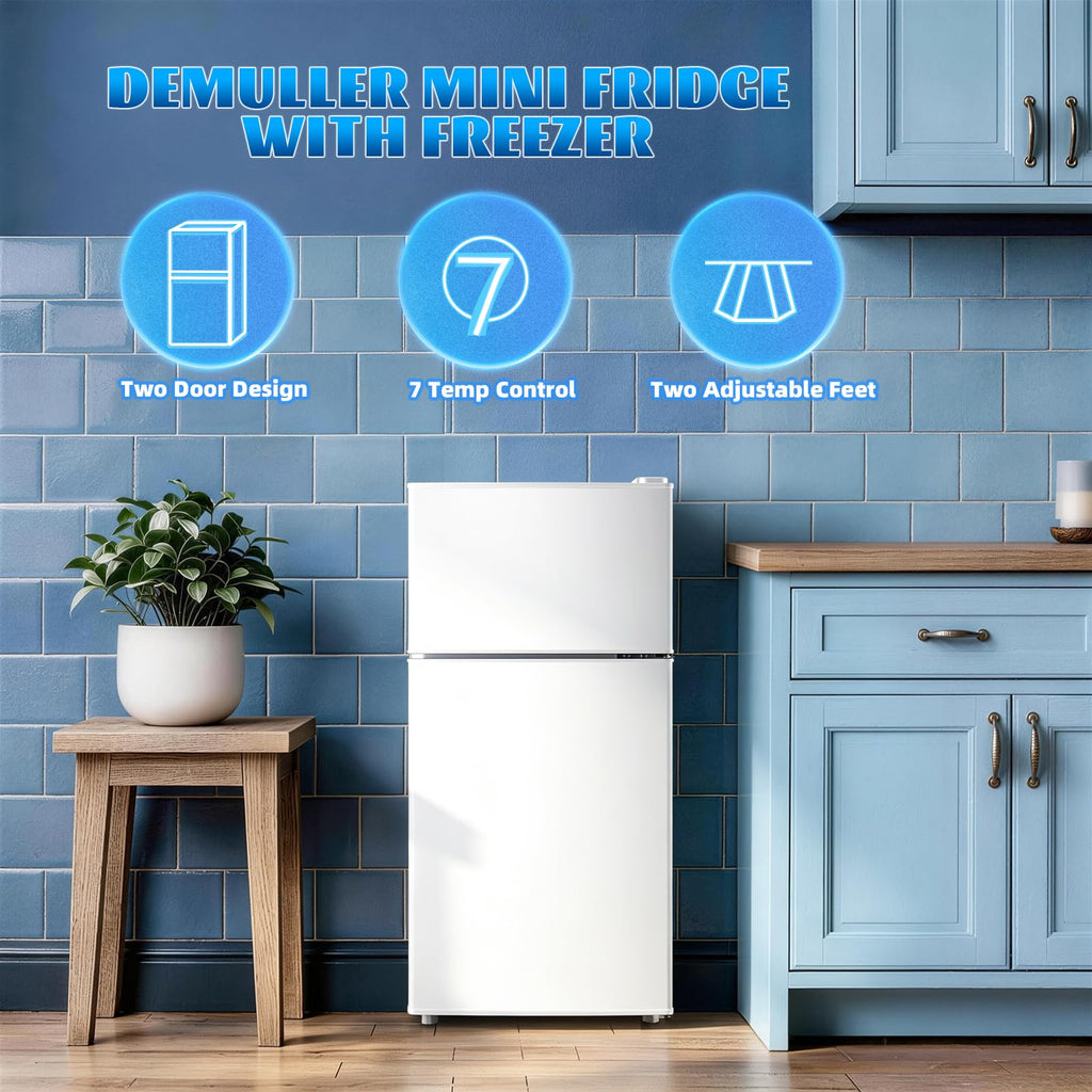 DEMULLER 45L Personal Double‑Door Mini Fridge With Freezer, Blue