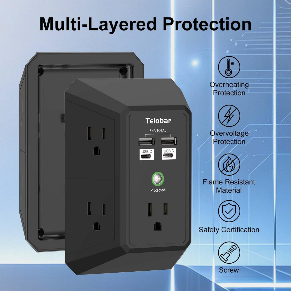 Multi Plug Wall Outlet Surge Protector with 6-Outlet & 4 USB Ports(2USB-C)