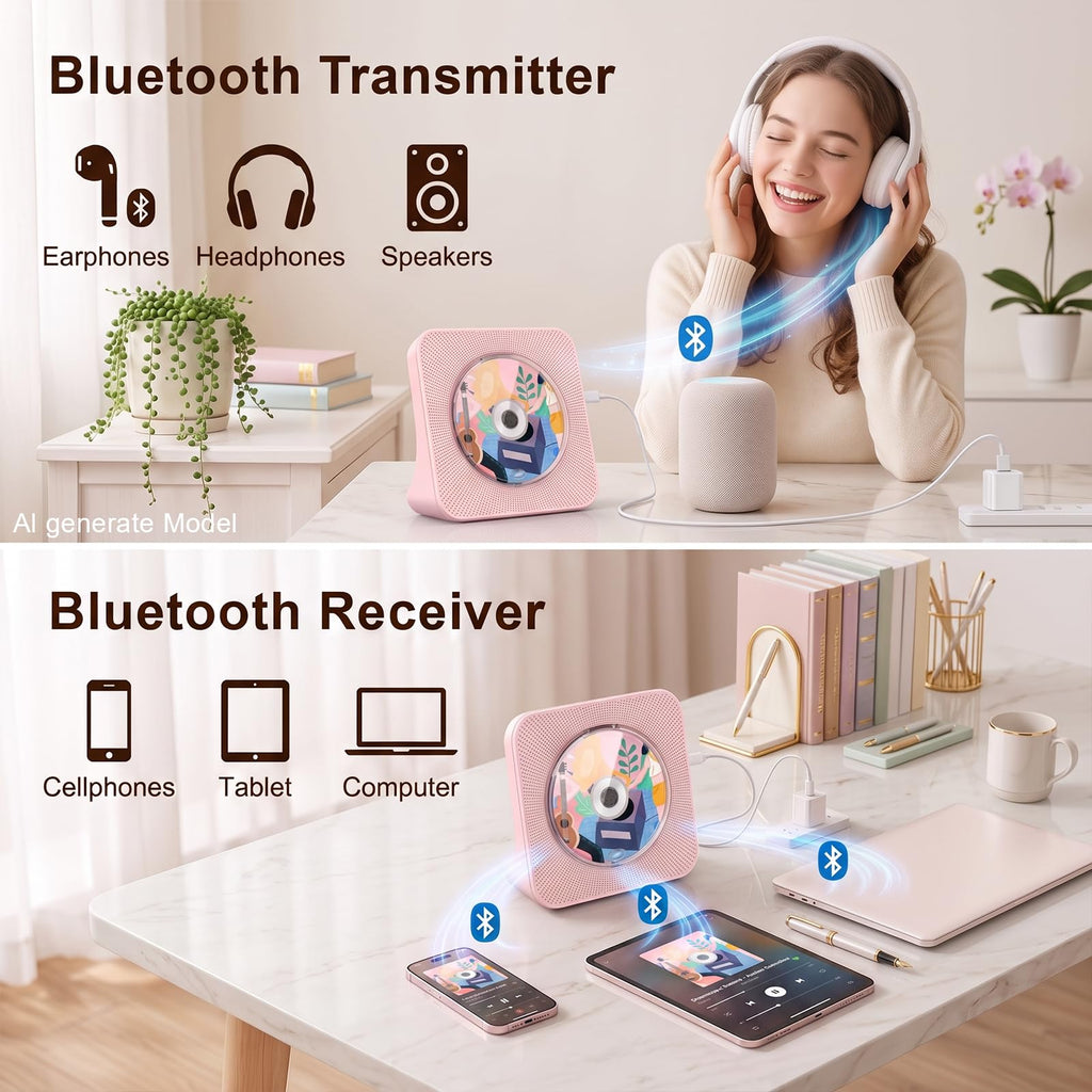 Portable CD Player with Bluetooth, Gueray Desktop CD Players for Home, Bulit-in Double HiFi Speakers, AUX&Headphone Jack, FM Radio Boombox with Remote Control, USB Port,LCD Display (White)
