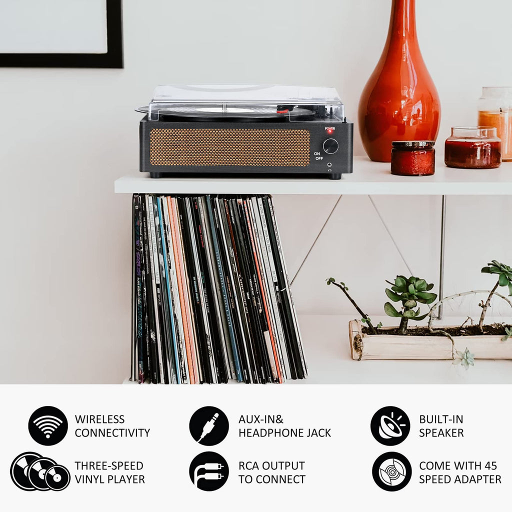 Seasonlife® Retro Vinyl Record Player with Stereo Speakers,Walnut Brown