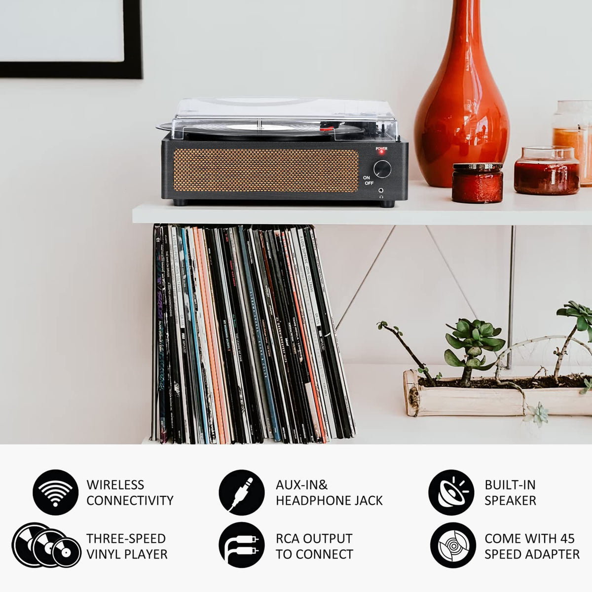 Seasonlife® Retro Vinyl Record Player with Stereo Speakers,Walnut Brown