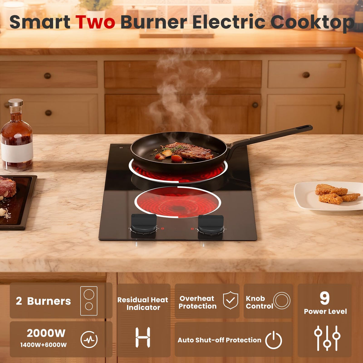 2 Burner Electric Cooktop 110V 2000W Countertop or Built-in