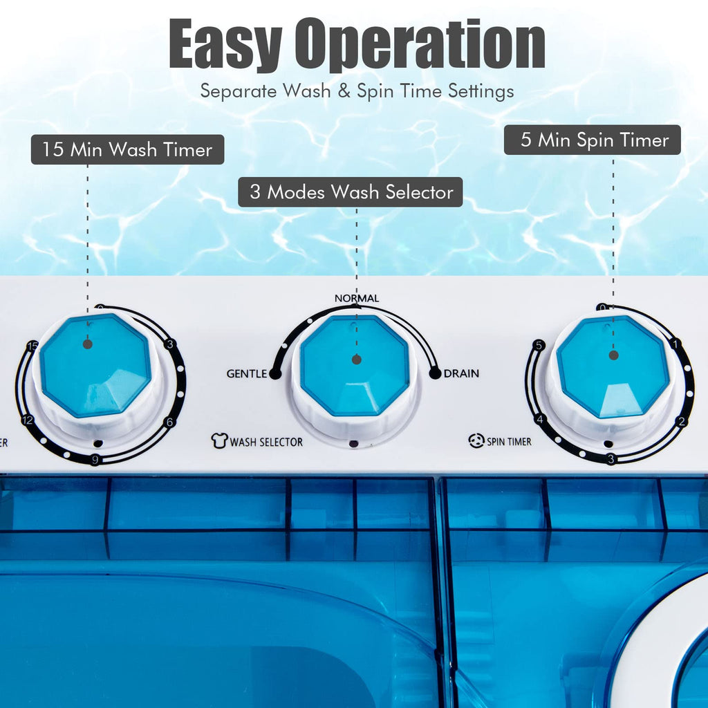 COSTWAY Portable Washing Machine, Twin Tub 26lbs Capacity Laundry, 18lbs Washer and 8lbs Spinner Combo with Timer Knobs, Built-in Drain Pump, Compact Washer for Home Dorm Apartment (Grey+White)