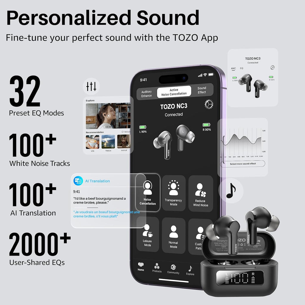 TOZO Hybrid Active Noise Cancelling in Ear Wireless Earbuds, 68H Playtime