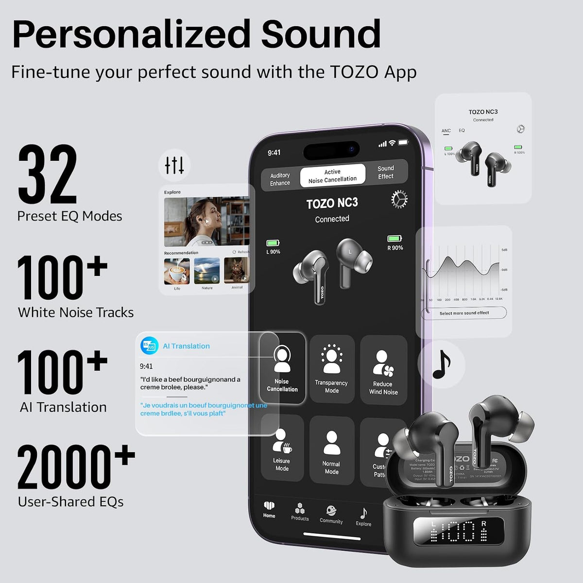 TOZO Hybrid Active Noise Cancelling in Ear Wireless Earbuds, 68H Playtime