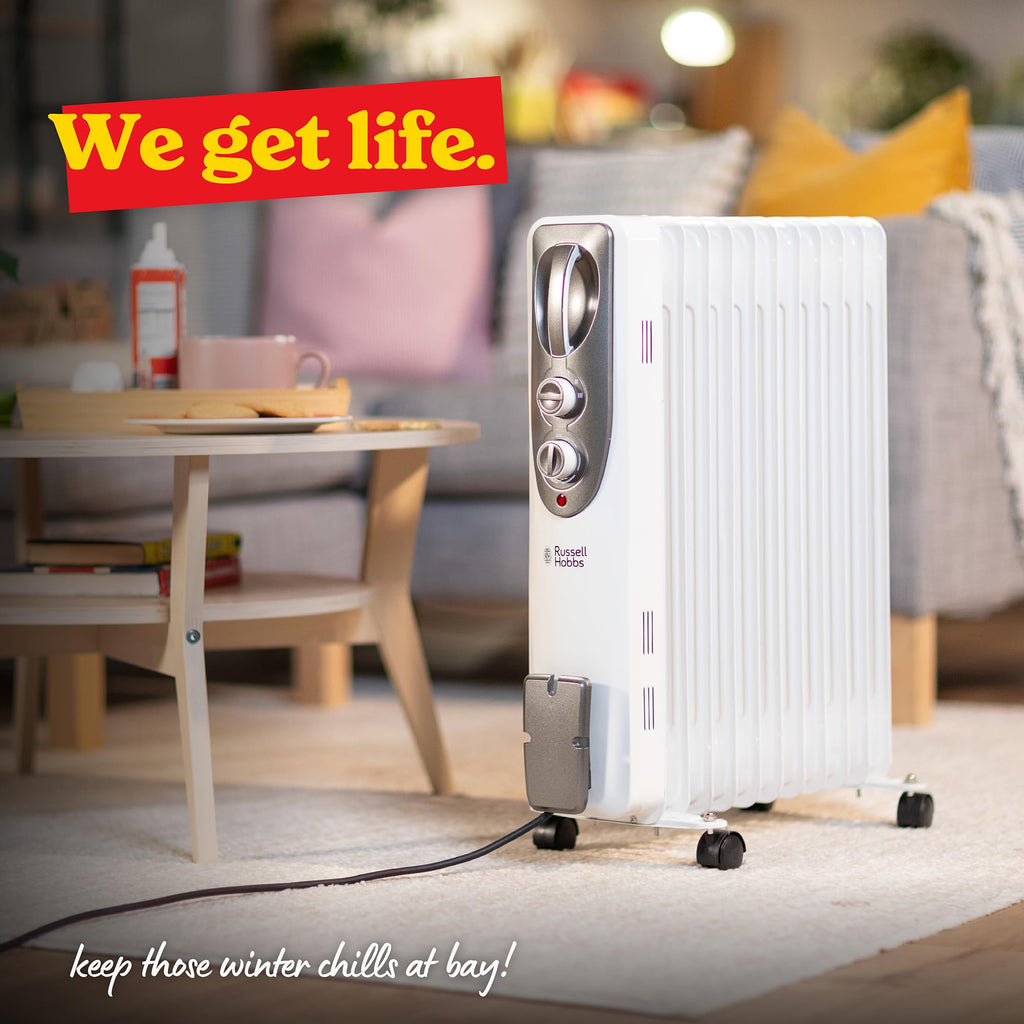 Russell Hobbs 2000W/2KW Oil Filled Radiator, 9 Fin Portable Electric Heater - White, Adjustable Thermostat with 3 Heat Settings, Safety Cut-off, 20 m sq Room Size, RHOFR5002, 2 Year Guarantee