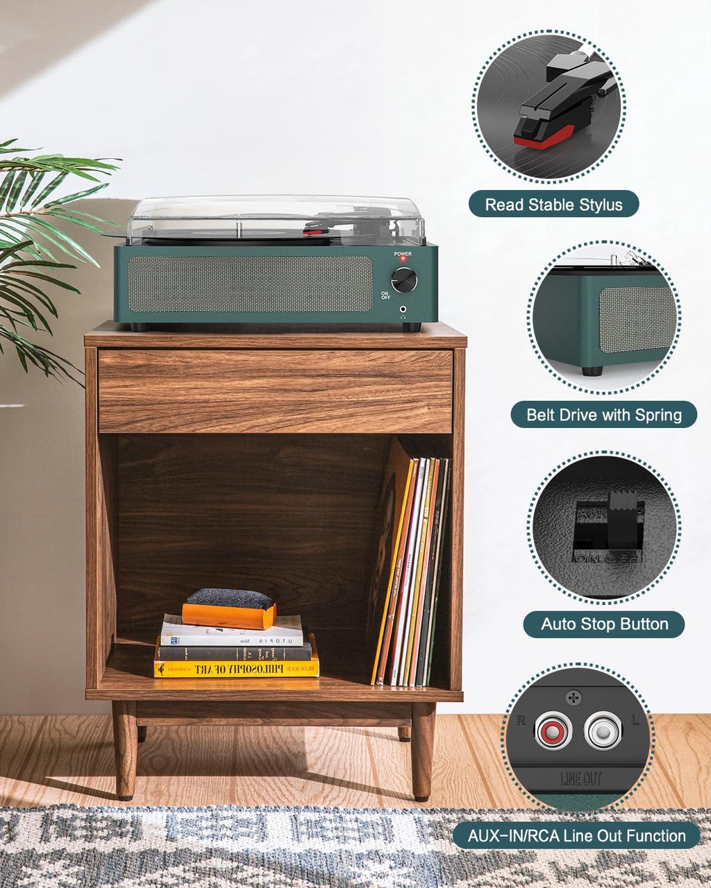Seasonlife® Retro Vinyl Record Player with Stereo Speakers,Walnut Brown
