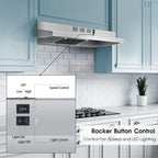 Range Hood 30 inch Under Cabinet, Stainless Steel Kitchen Vent Hood 280CFM, Built-in Kitchen Stove Hood w/Rocker Button Control, Ducted/Ductless Convertible Duct, 2 Speeds Fan, Bright LED Light