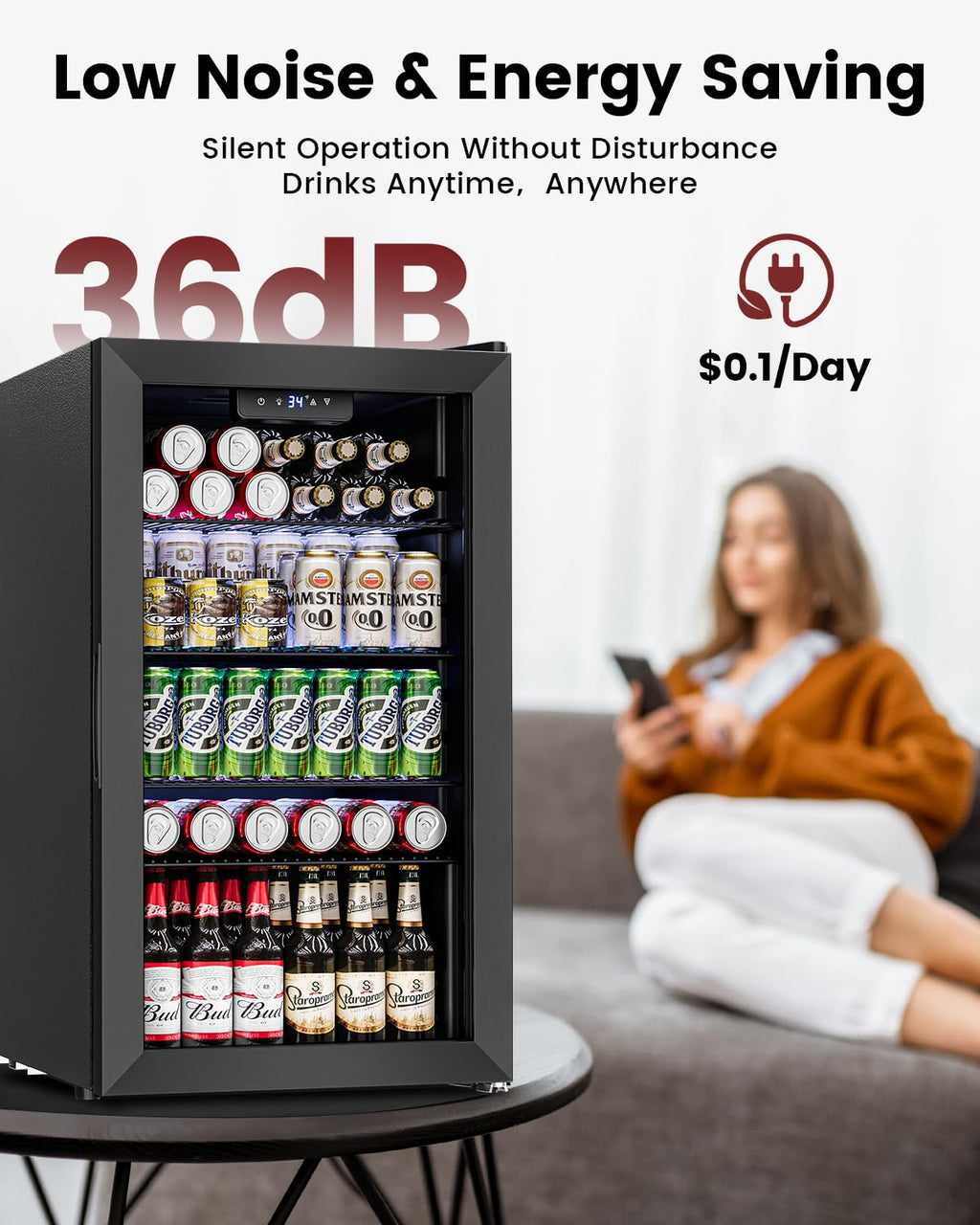 Feelfunn 2.6CuFt Beverage Refrigerator, 95 Can Mini Fridge with Glass Door